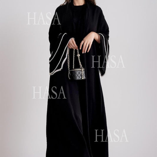 HA6543 Elegant Abaya with Hand-Embroidered Pearl Details