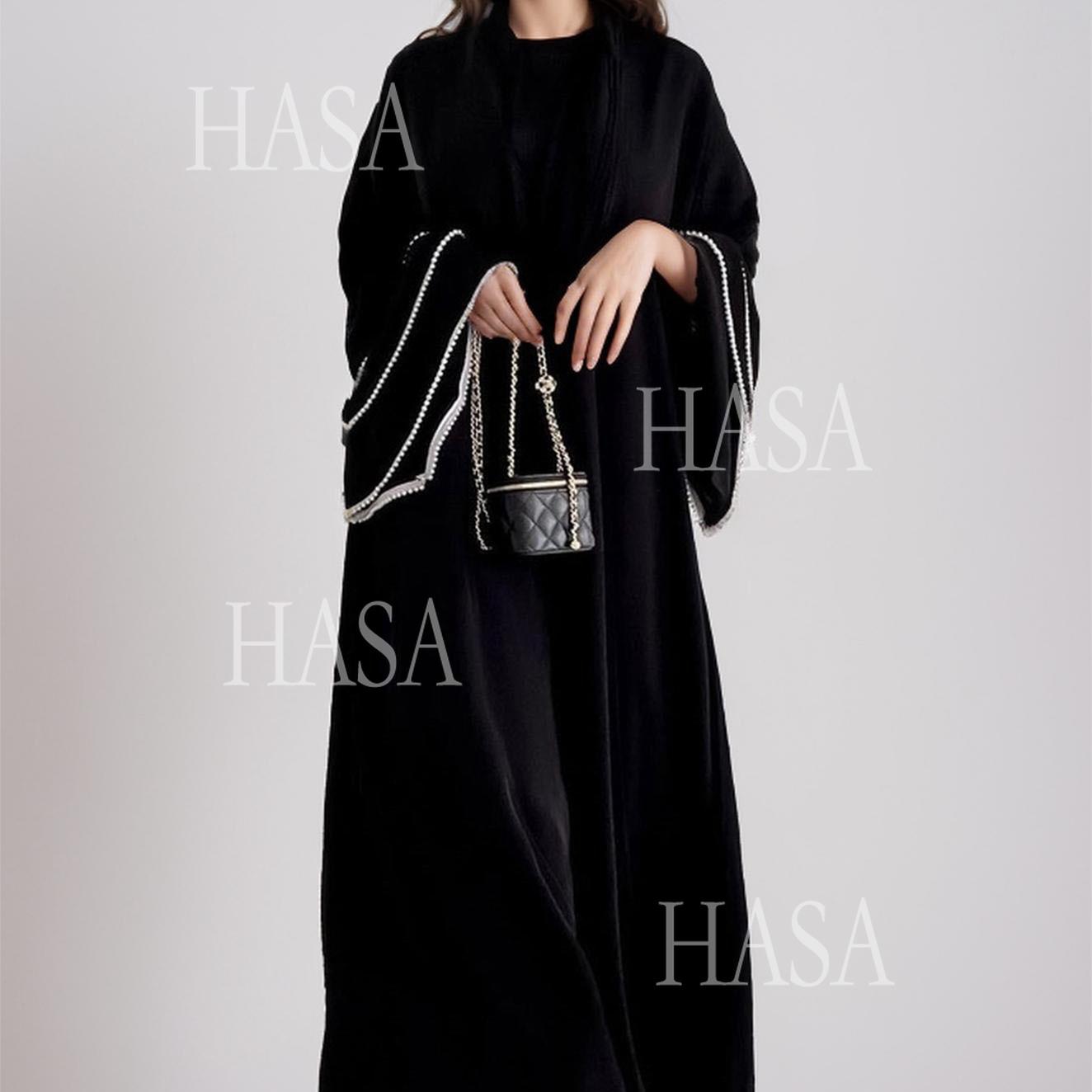 HA6543 Elegant Abaya with Hand-Embroidered Pearl Details