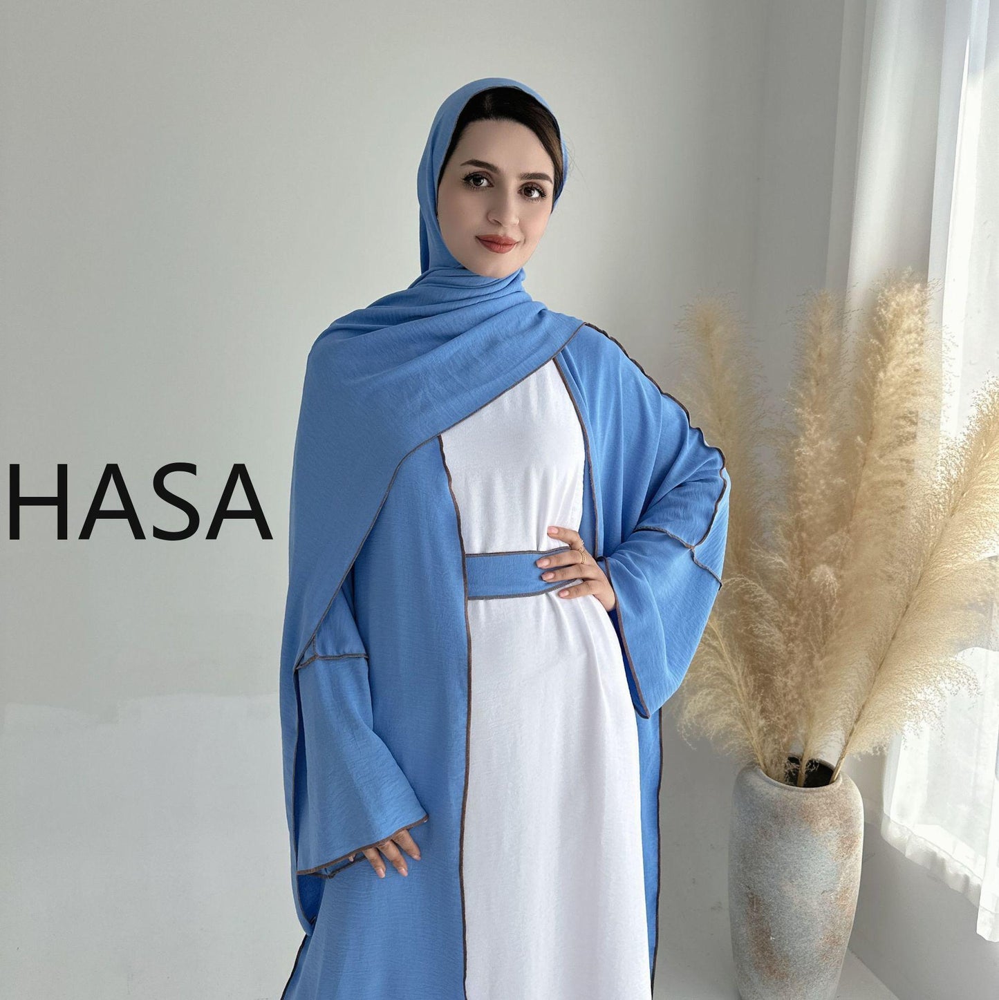HASA HA1246H 2 PCS SET Crepe Solid Color Loose Hem Cardigan Robe with Hijab