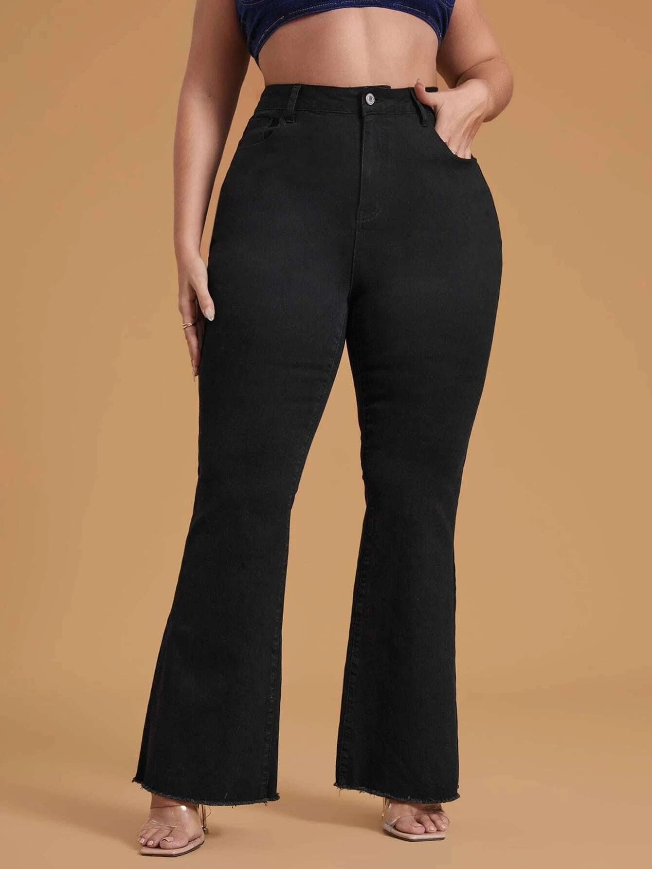 HS2331 Plus Size Black Stretchy Frayed-hem Wide-leg Flare Jeans