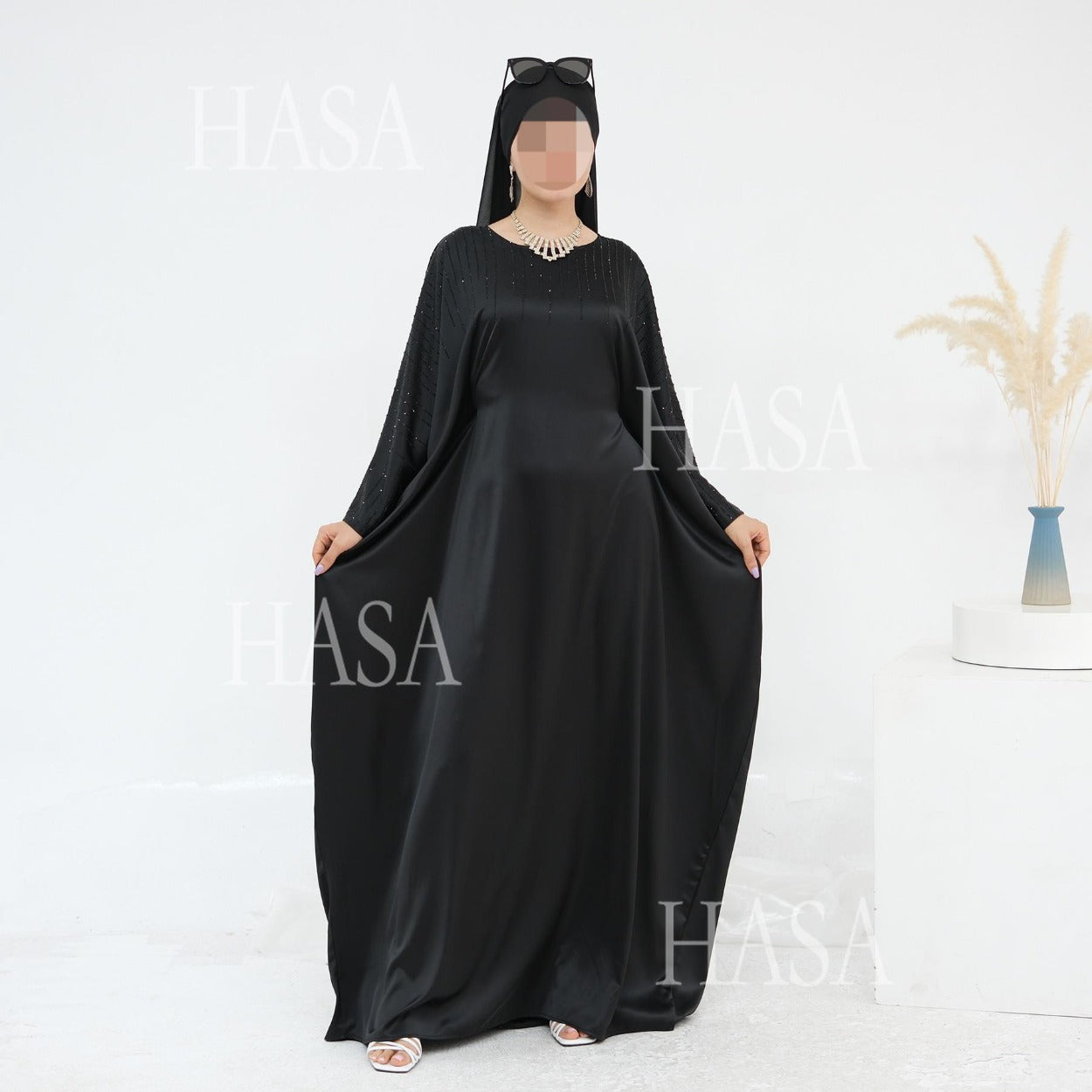 HA6610 Rhinestone-embellished long Abaya dress (headscarf not included)