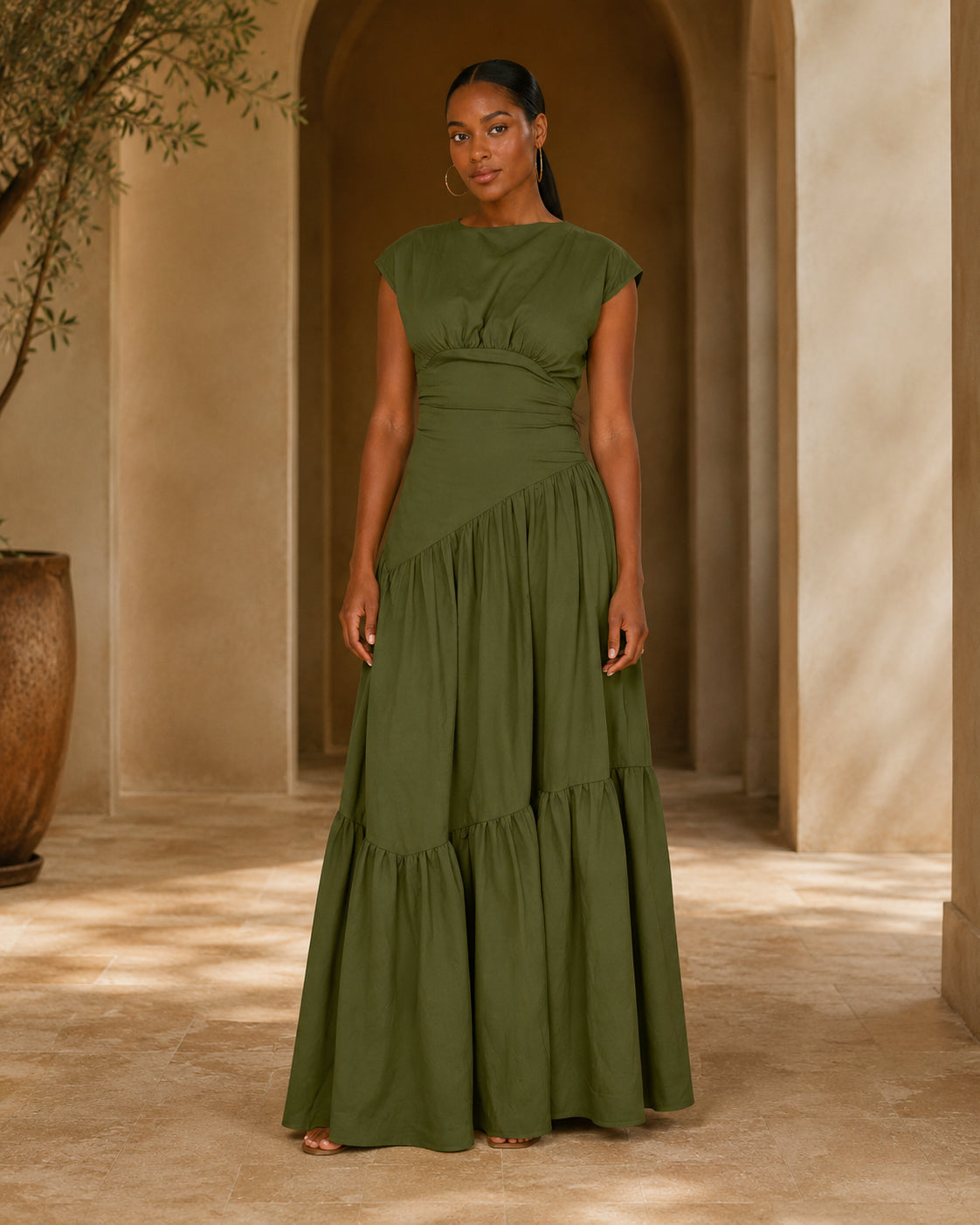 HA1641 Women's Sleeveless Pleated Loose Fit Maxi Dress