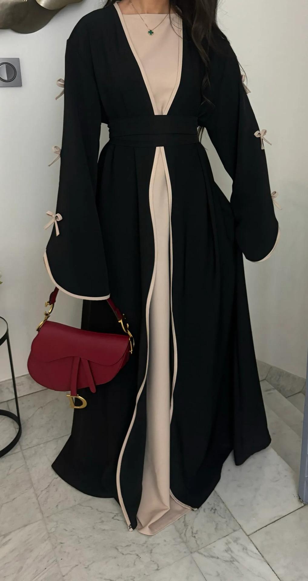HA5883  A Two-piece Robe and Skirt Set with A Soft Bow and A Belt Design open abaya outfit