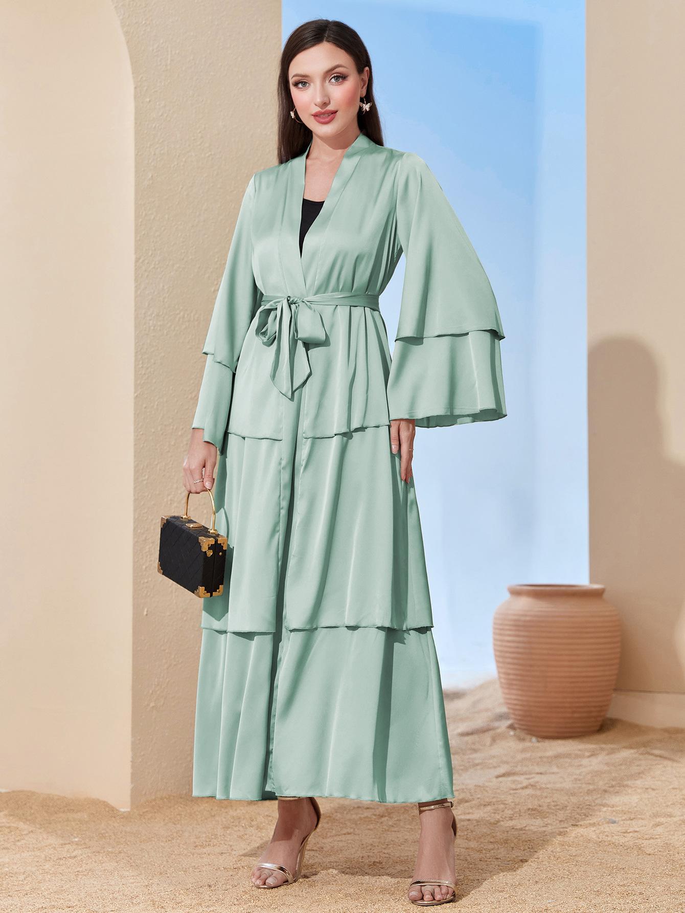 HAYA HAYA0480 Elegant Satin Silk Fabric Three Layer Open Abaya with Two Layer Sleeves