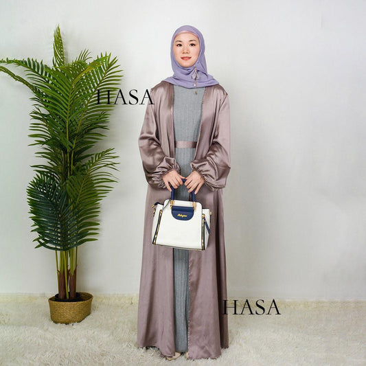HAYA0481 Solid Color Satin Coat Robe Open Abaya