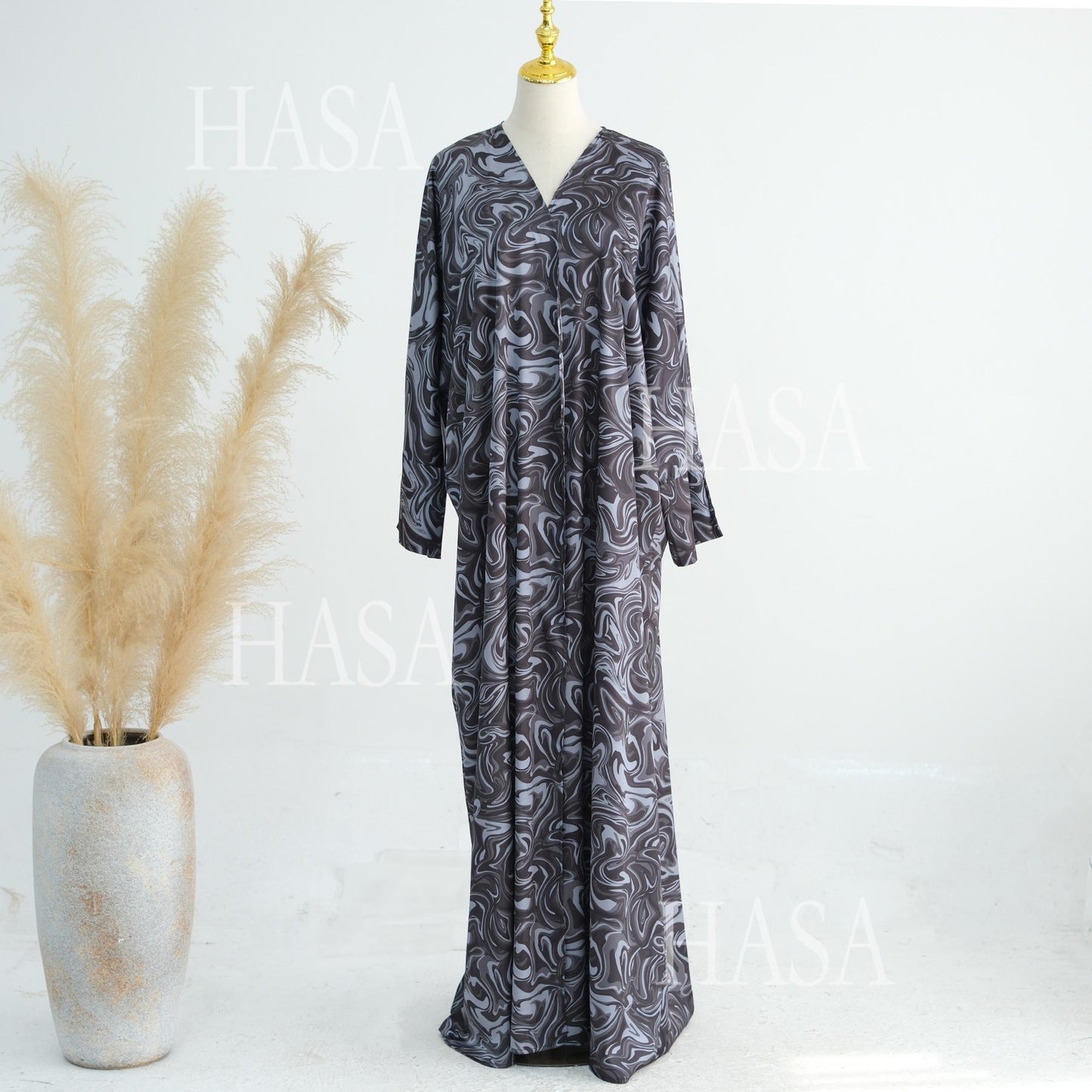 HA6555 Fashionable printed long-sleeved dress with an ankle-length cardigan style
