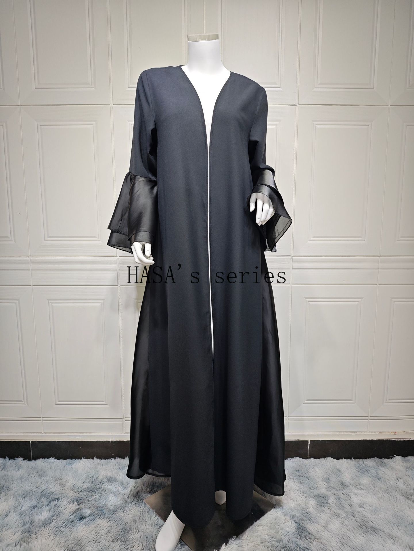 HS5106 A Soft and Elegant Long Satin Dress with Classic Design and Ruffled Sleeves.
