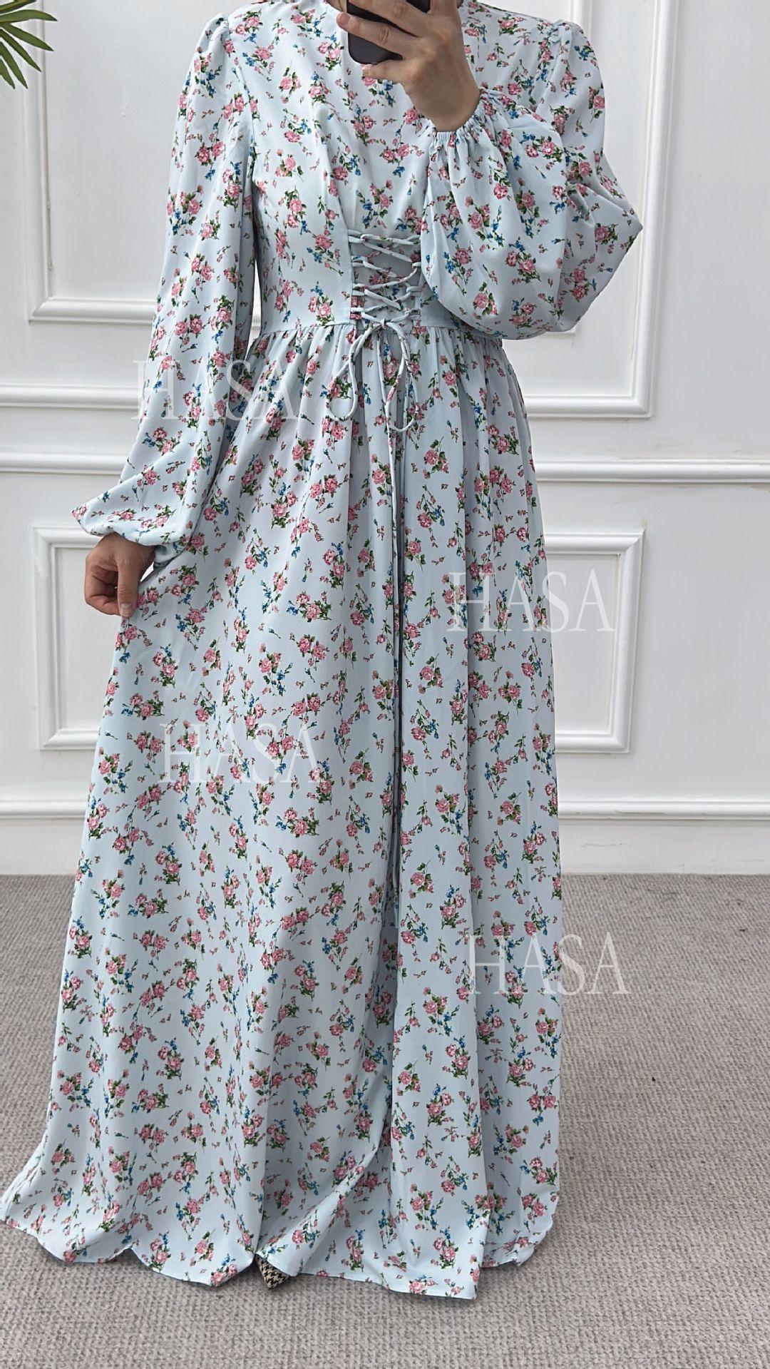 HA6489 Long-sleeved Floral Maxi Dress with Natural Waist