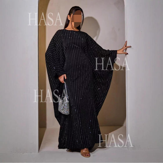 HA6483 Drape Rhinestone Gown with Simple Wide Sleeves