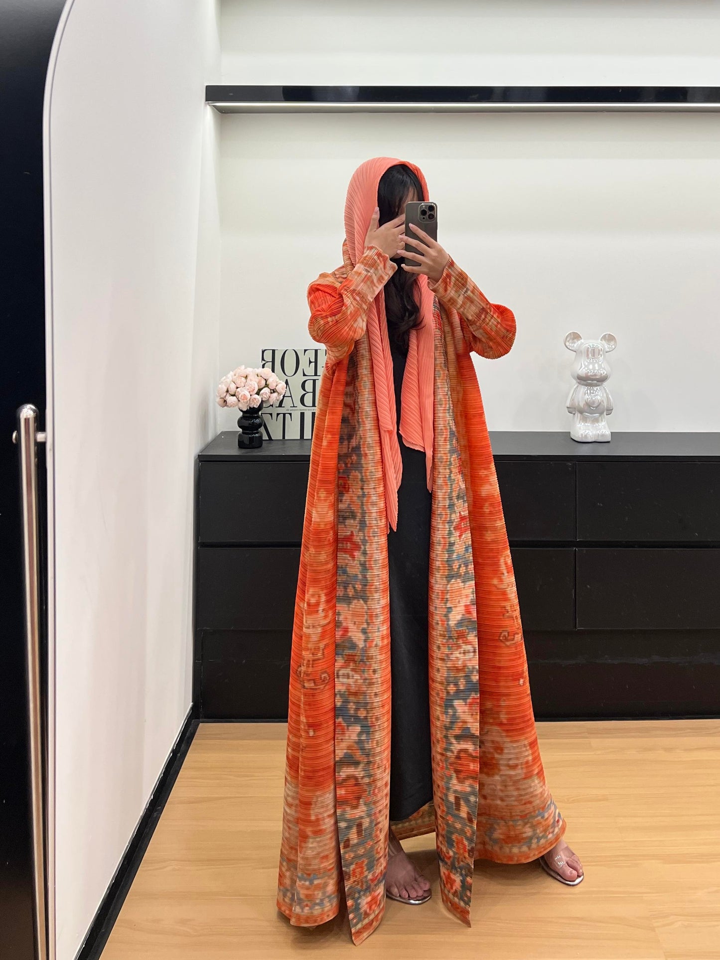 HASASERIES HS6714 Desert Bloom Vibrant Orange Abaya with Floral Prints