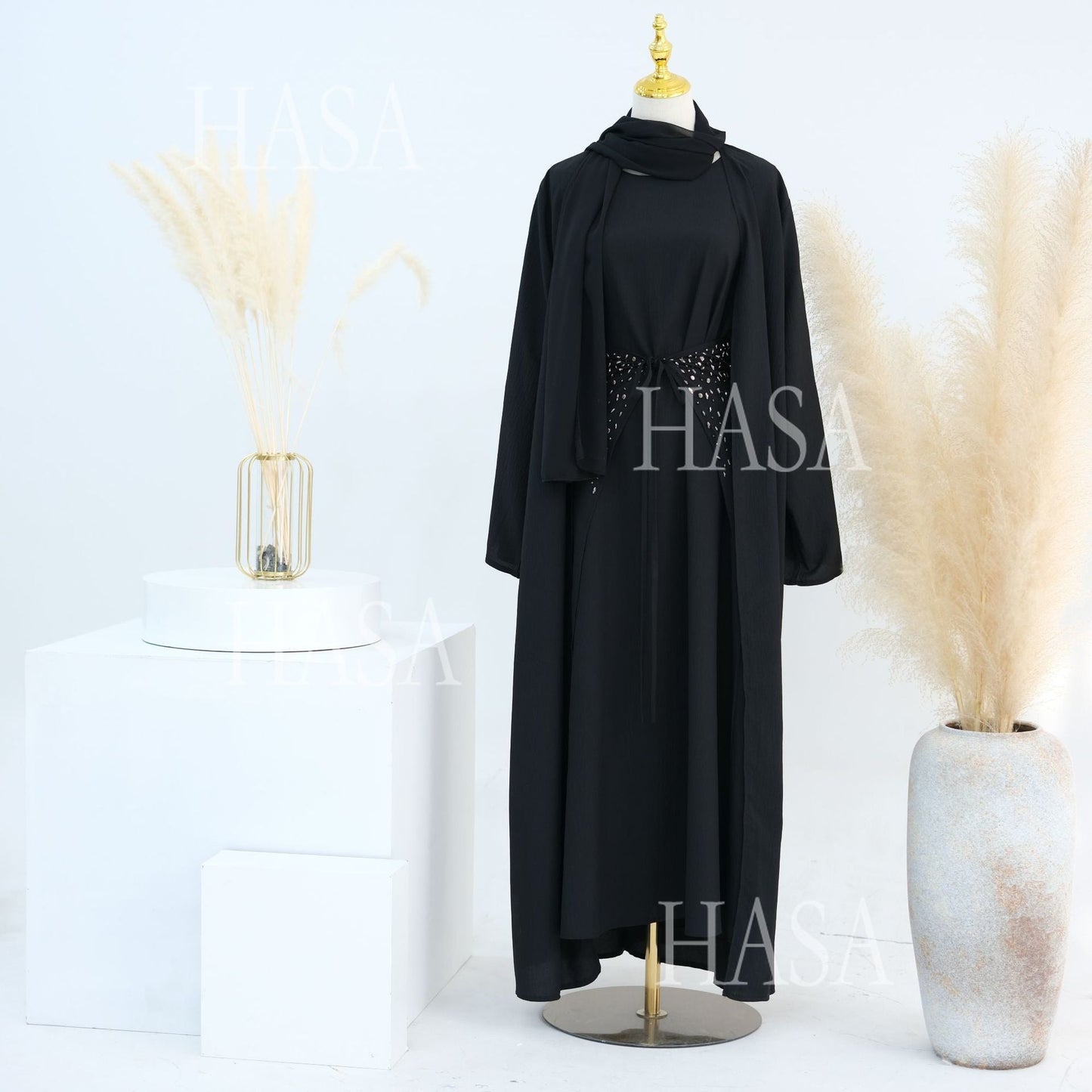 HA6578 Women's Solid Color Three-piece Robe Set (long Skirt + Skirt + Cardigan Jacket)