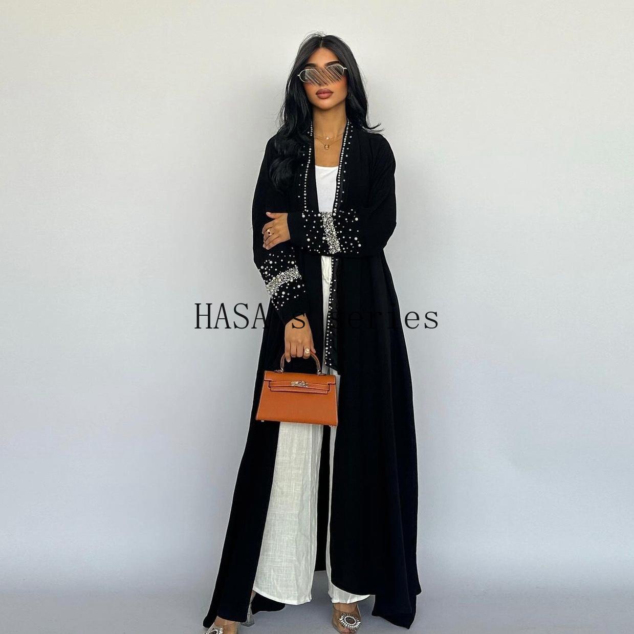 HS5097 Elegant Black Rhinestone-embellished Gown, Two-piece Beaded Set with Headscarf.