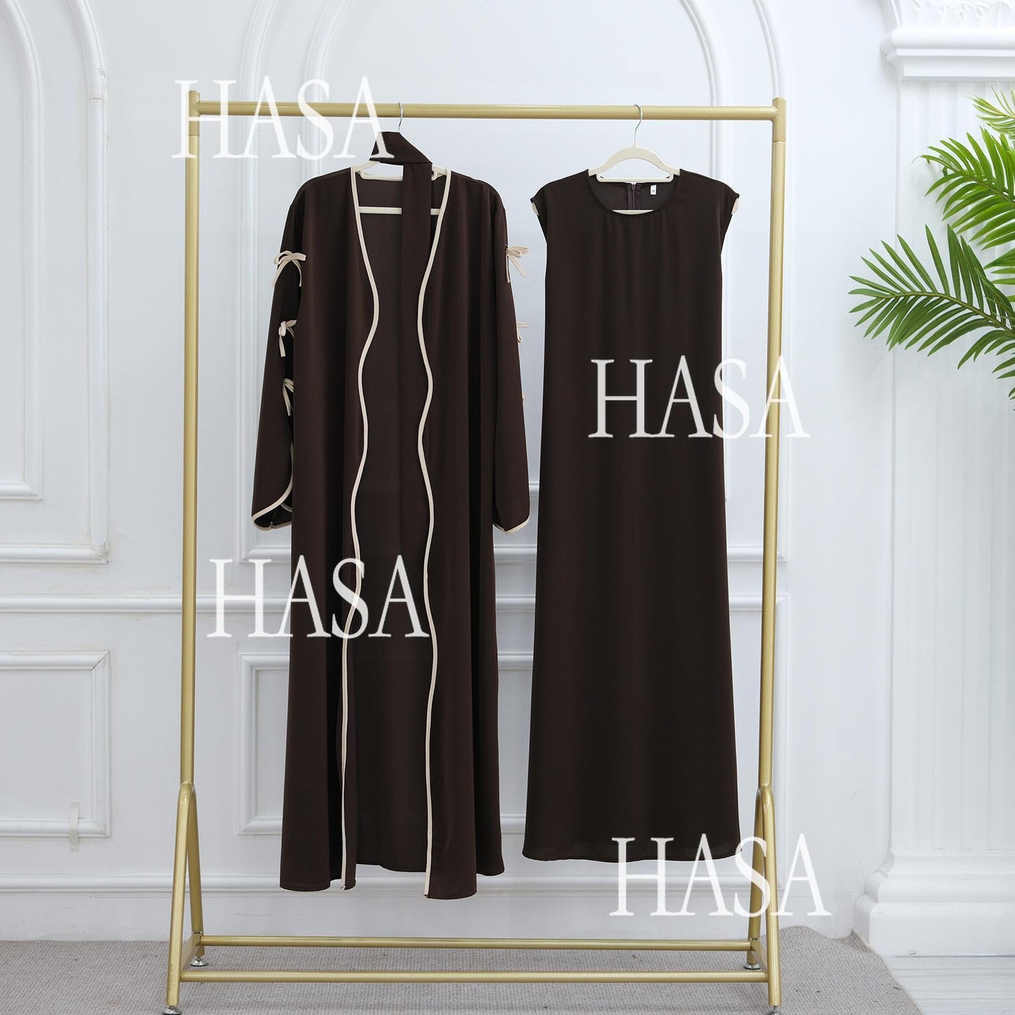 HA5883  A Two-piece Robe and Skirt Set with A Soft Bow and A Belt Design open abaya outfit