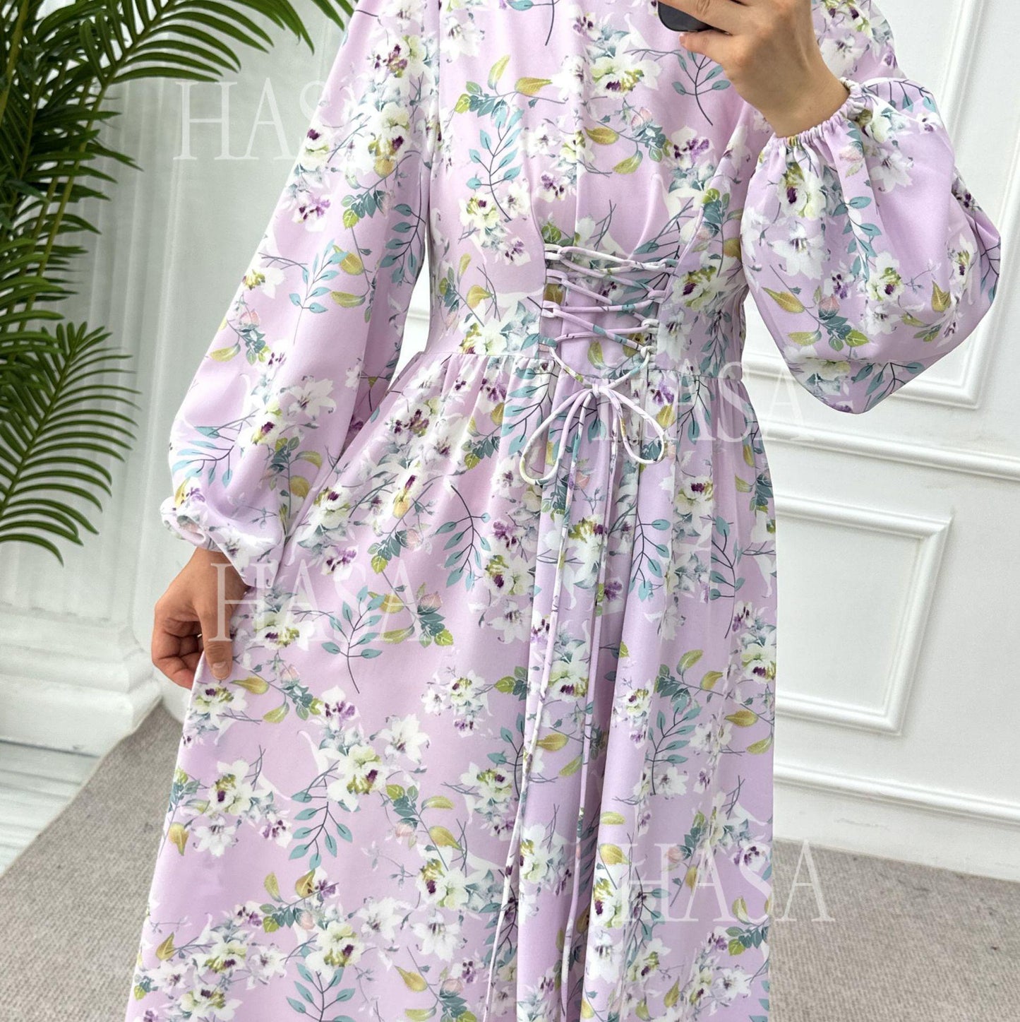 HA6489 Long-sleeved Floral Maxi Dress with Natural Waist