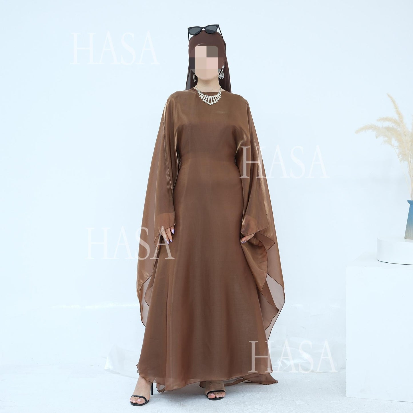 HA6524 Elegant two-piece solid-color robe and dress with optional headscarf