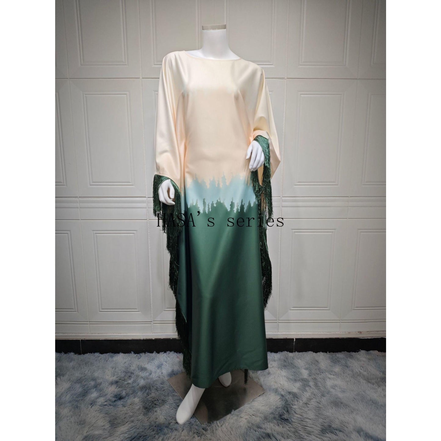 HS5095 Romantic Gradient Fringed Robe, Elegant Printed Long Dress
