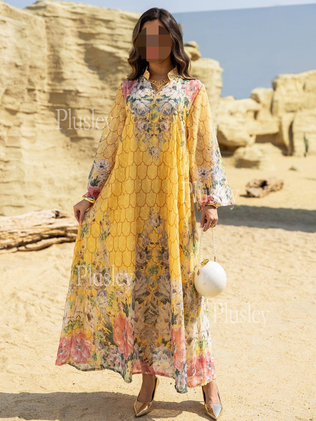 HA6636 Floral Print Embroidered Long Dress