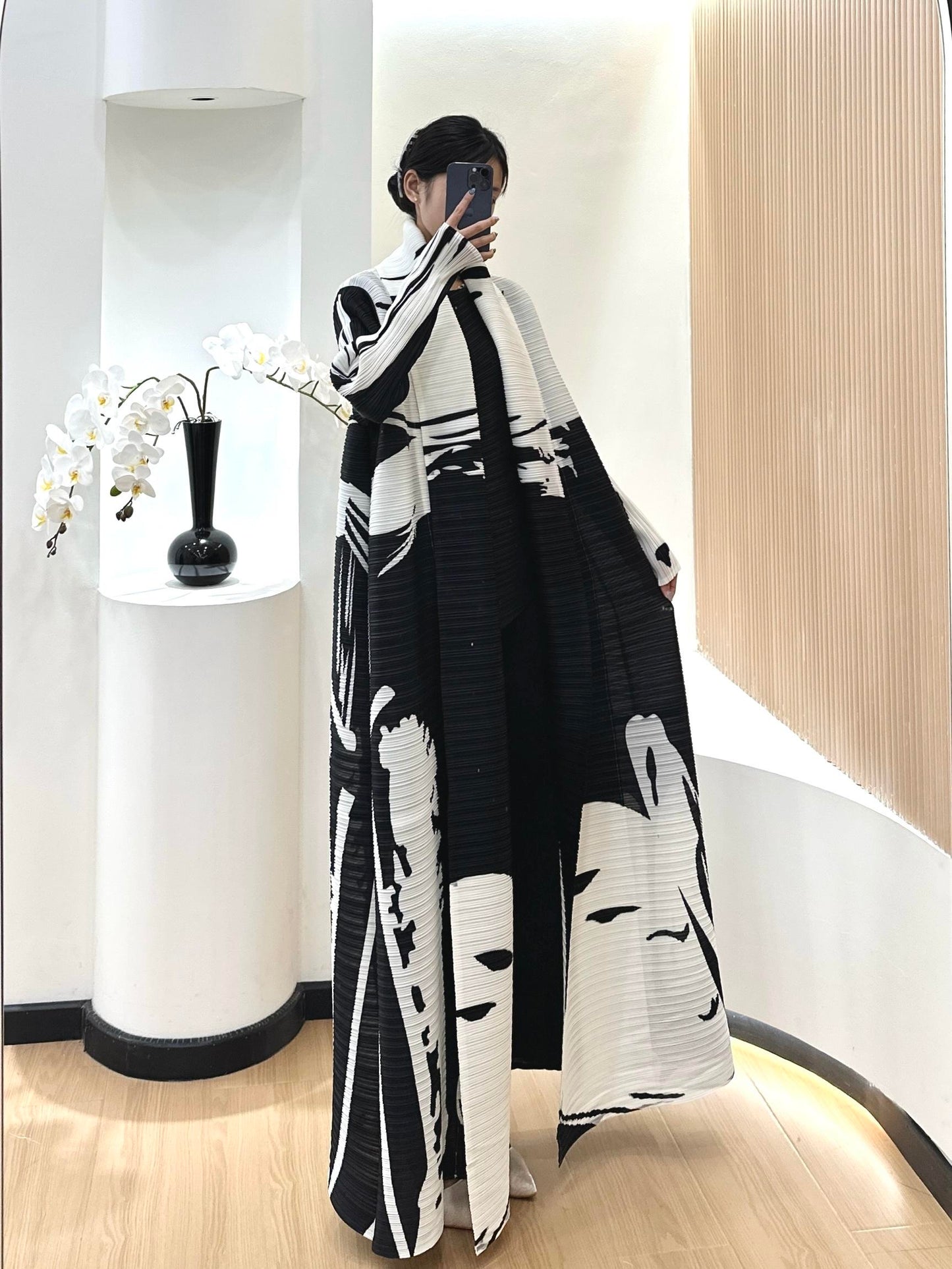 HS6726  White Abstract Belted Abaya with Artistic Prints
