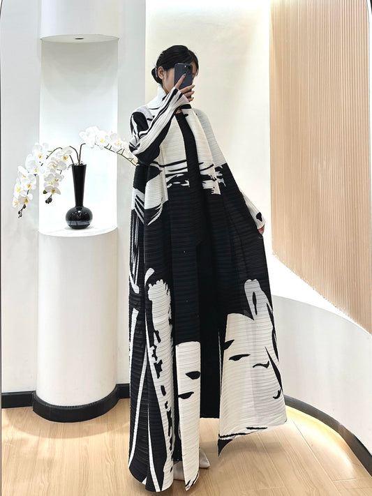 HS6726  White Abstract Belted Abaya with Artistic Prints