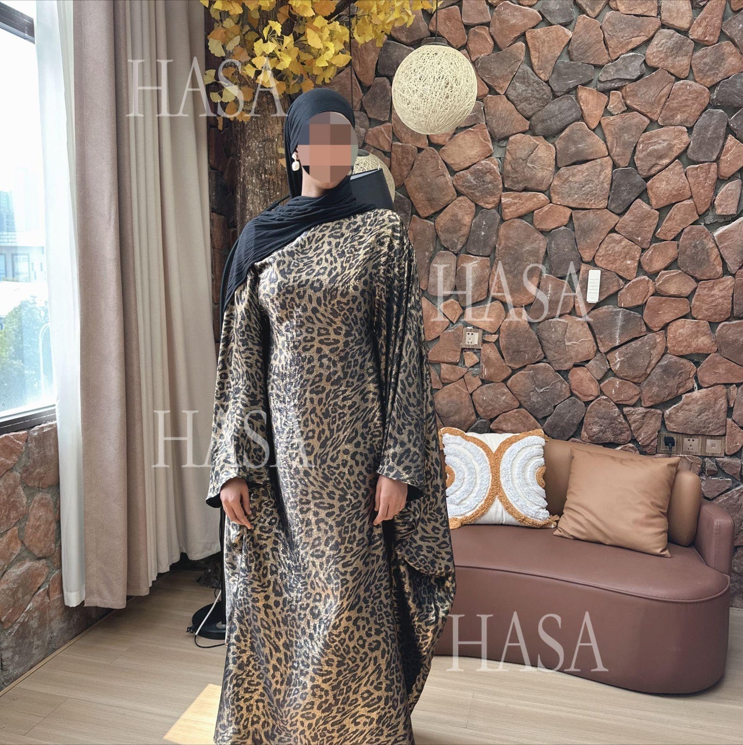HA6469 Flowing Batwing Sleeve Leopard Maxi Dress (without Headscarf)