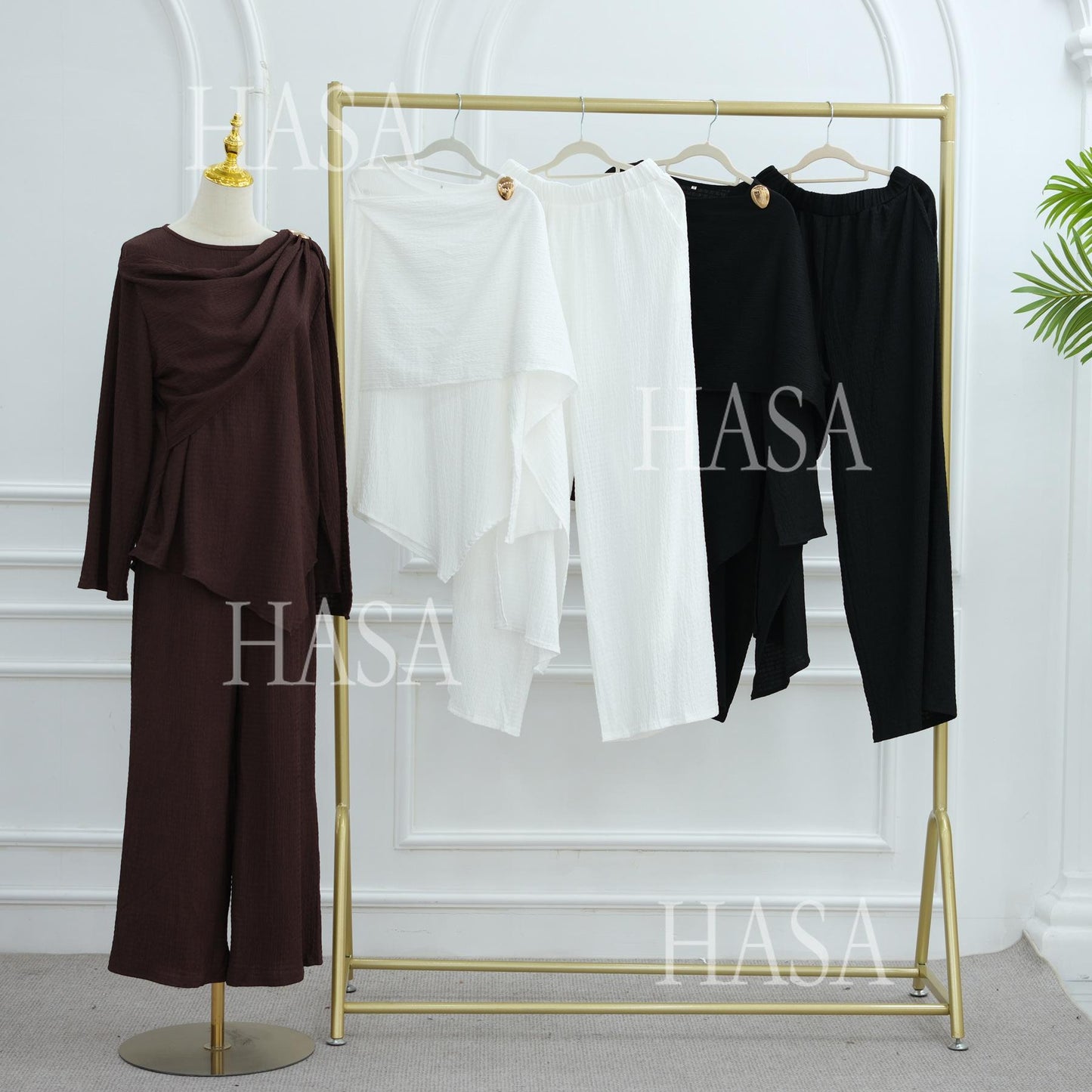 HA6568 Solid Color Design Top + Pants Two-piece Set for Daily Personality Wear