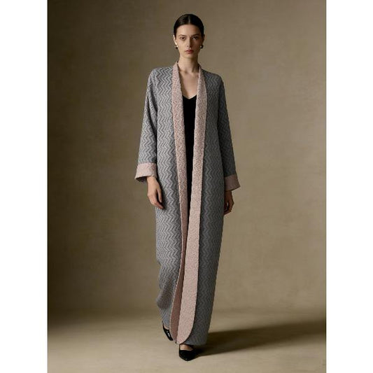 HS6703 Modern Minimalism Textured Grey Abaya with Pink Accents