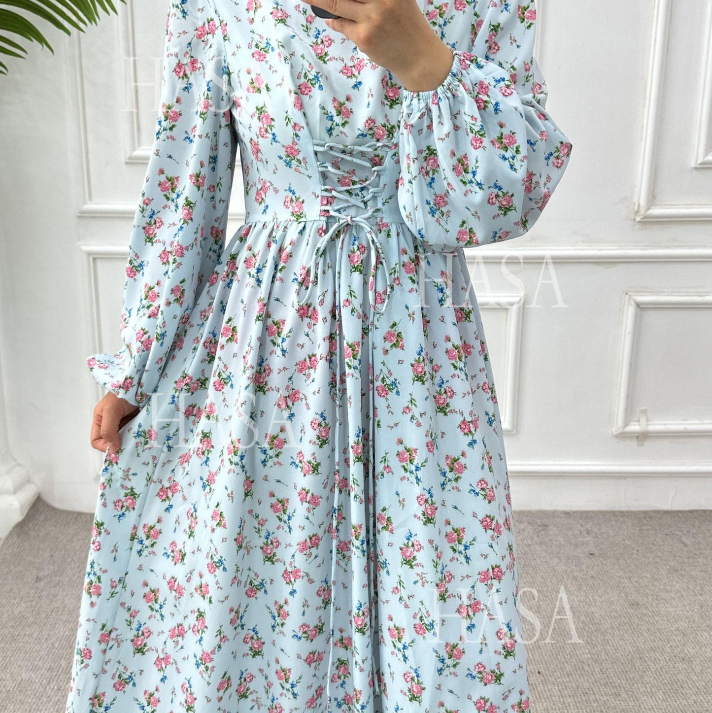 HA6489 Long-sleeved Floral Maxi Dress with Natural Waist