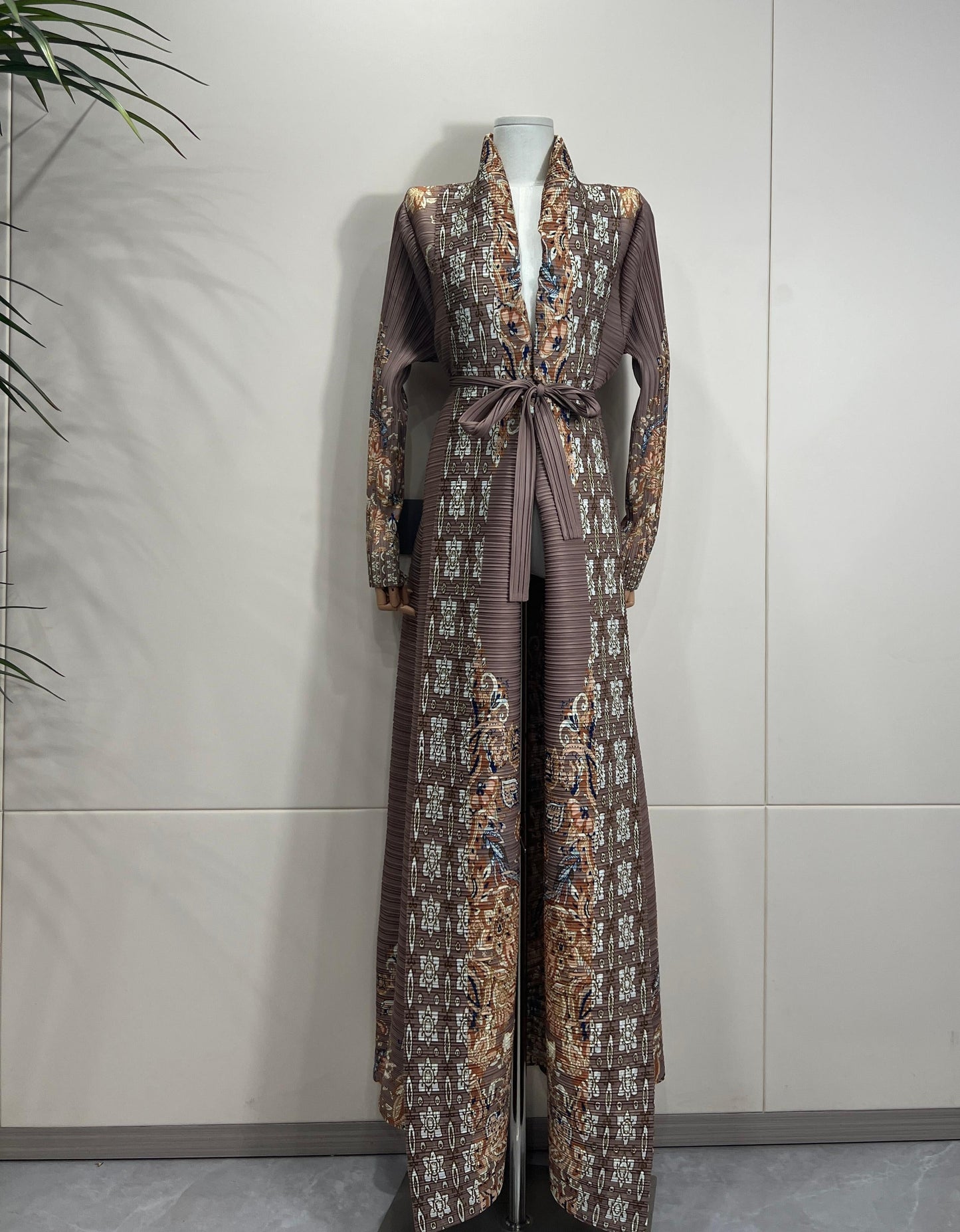 HS6715 Timeless Taupe  Elevated Abaya with Luxurious Patterned Details