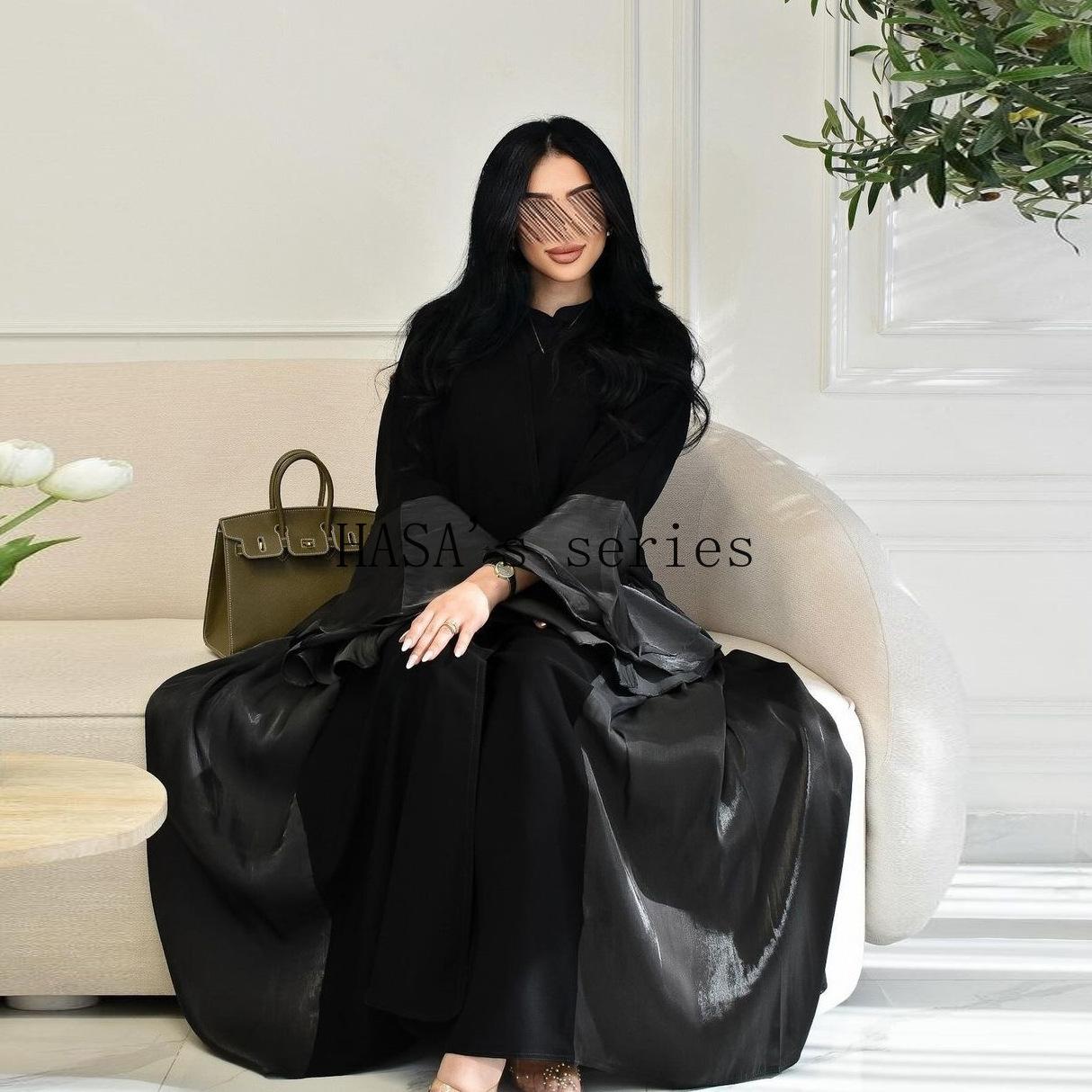 HS5106 A Soft and Elegant Long Satin Dress with Classic Design and Ruffled Sleeves.