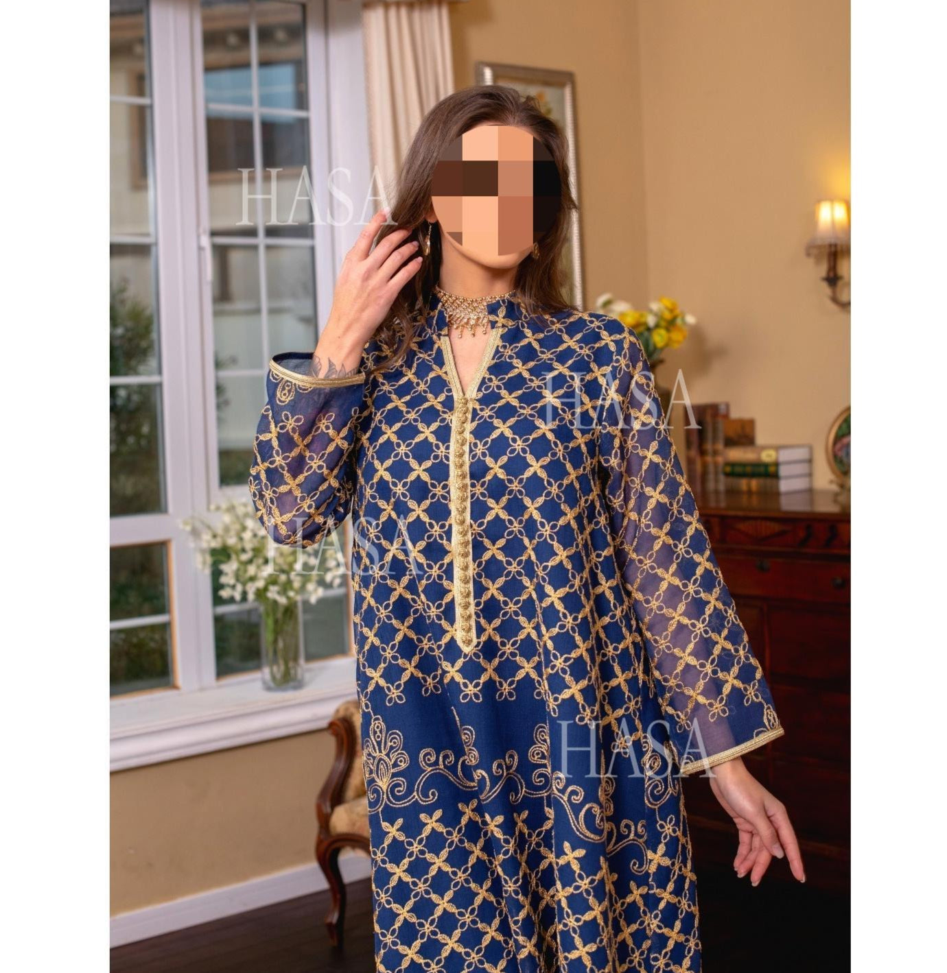 HA6640 Elegant Openwork Embroidered Abaya Long Dress