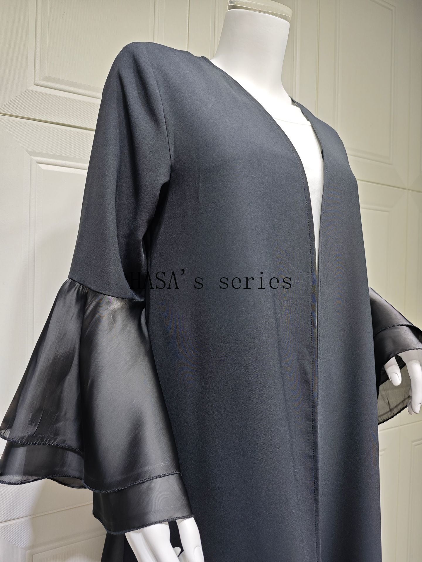 HS5106 A Soft and Elegant Long Satin Dress with Classic Design and Ruffled Sleeves.