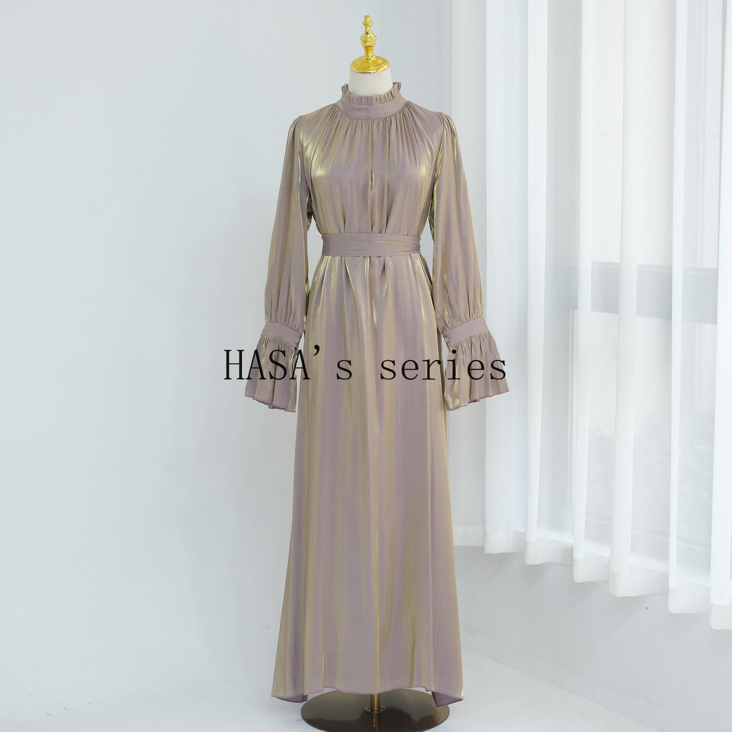 HS4857 A High-necked, Belted Dress, A Classic Style That Exudes Elegant Charm.