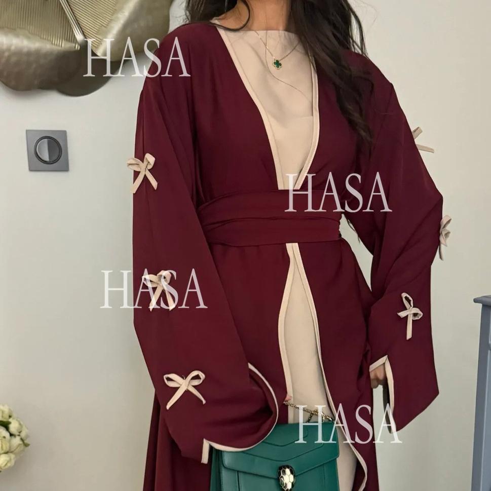 HA5883  A Two-piece Robe and Skirt Set with A Soft Bow and A Belt Design open abaya outfit