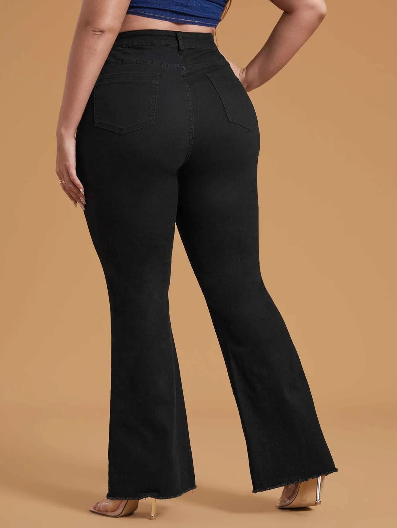 HS2331 Plus Size Black Stretchy Frayed-hem Wide-leg Flare Jeans