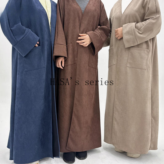 HS5148 Suede-textured, Simple Cardigan-style Long Robe, A Loose and Comfortable Dress for Autumn and Winter.