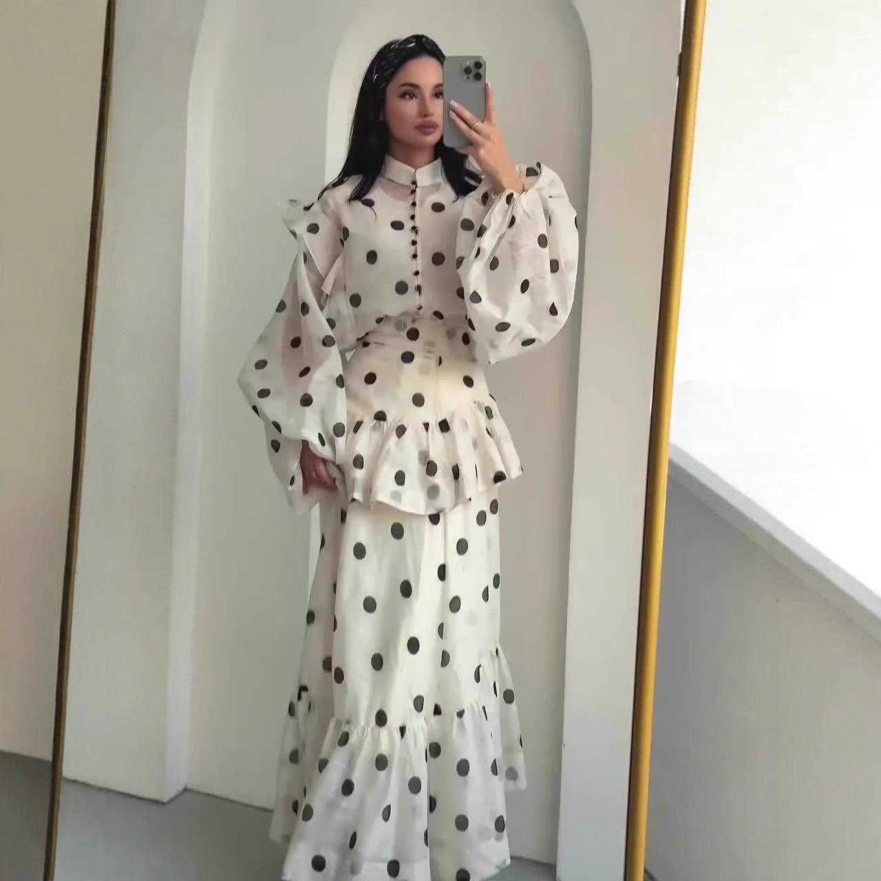 HS6732 Vintage Polka Dot Co-ord Set Puff Sleeve Blouse & Long Ruffle Skirt Outfit