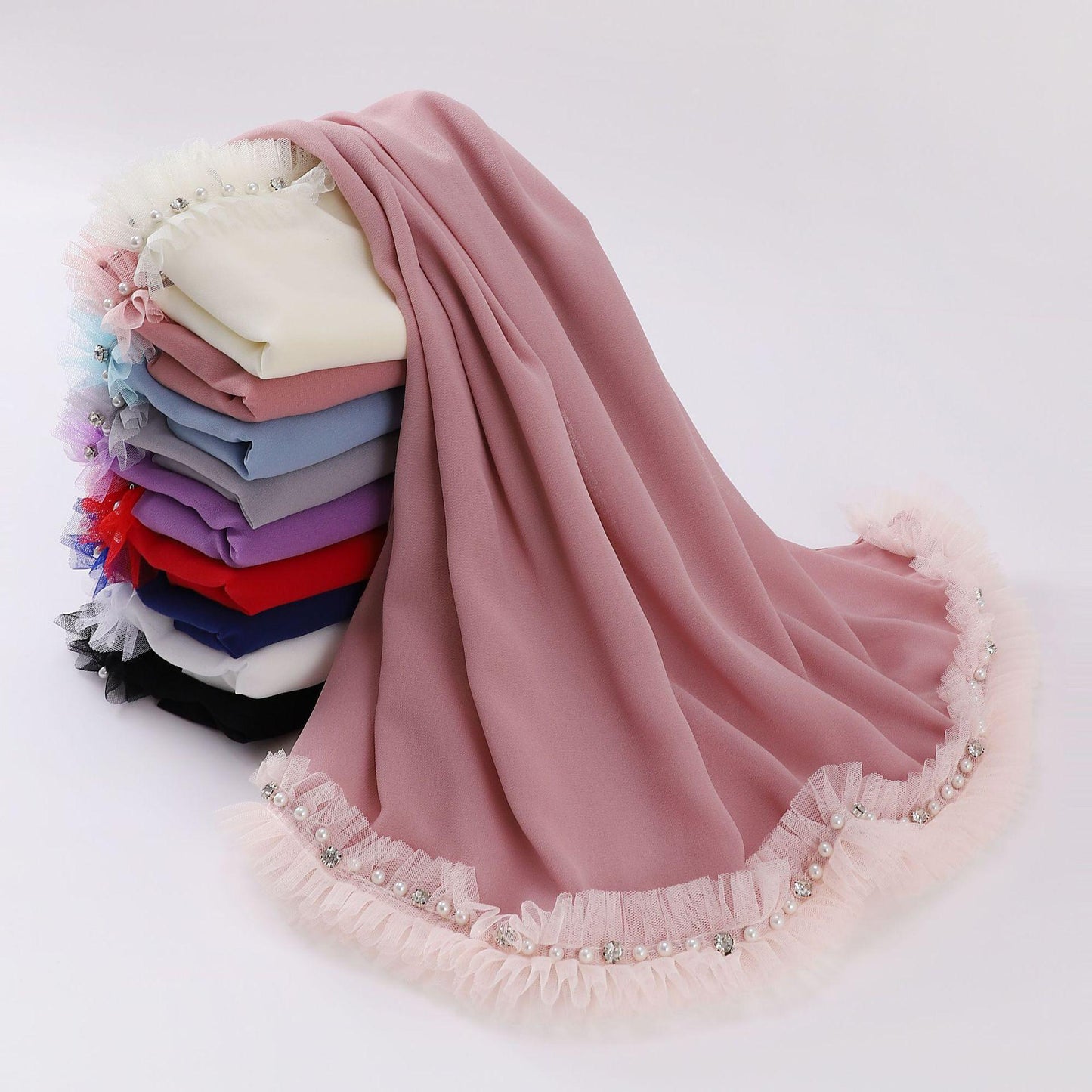 HAYA HA1118 Pearl Chiffon Lace Headscarf