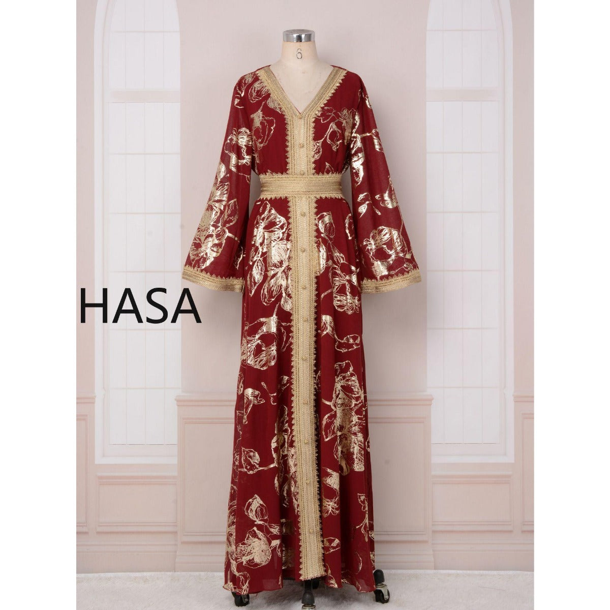 HA1249 Elegant Floral Abaya with Golden Detailing