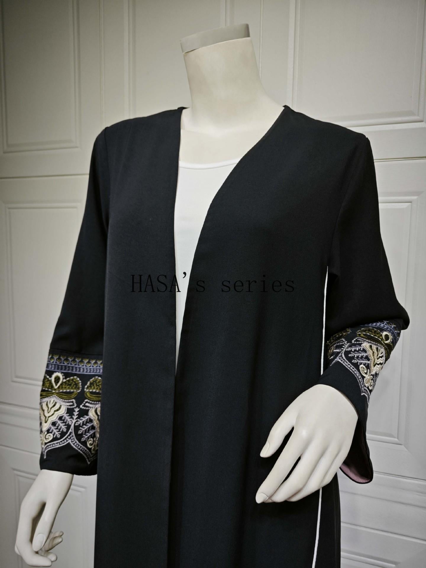 HS5090 Classic black embroidered patchwork robe, designed as a loose, open-front dress.