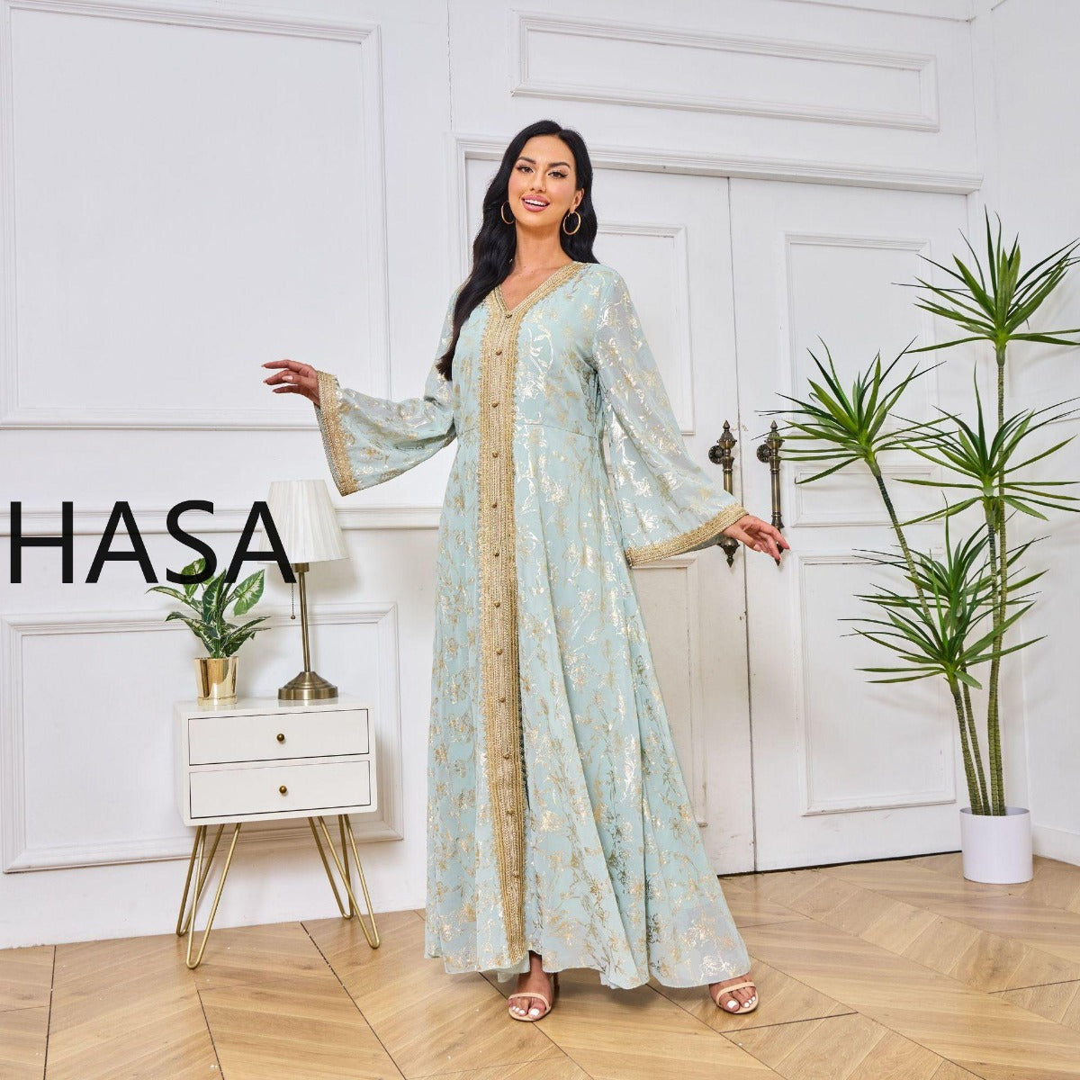 HA1249 Elegant Floral Abaya with Golden Detailing