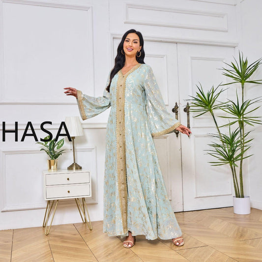 HA1249 Elegant Floral Abaya with Golden Detailing