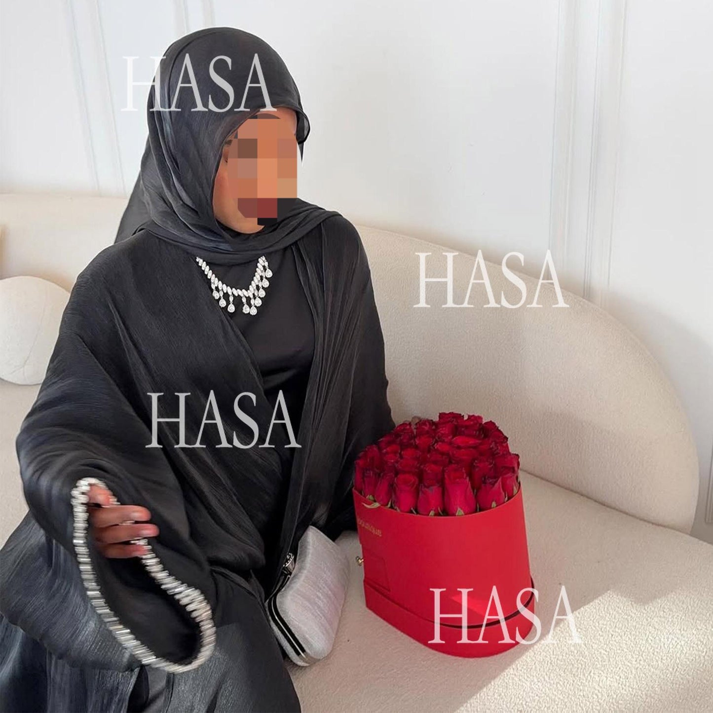 HA6553  Two-Piece Solid Abaya with Beaded Details and Matching Scarf Option