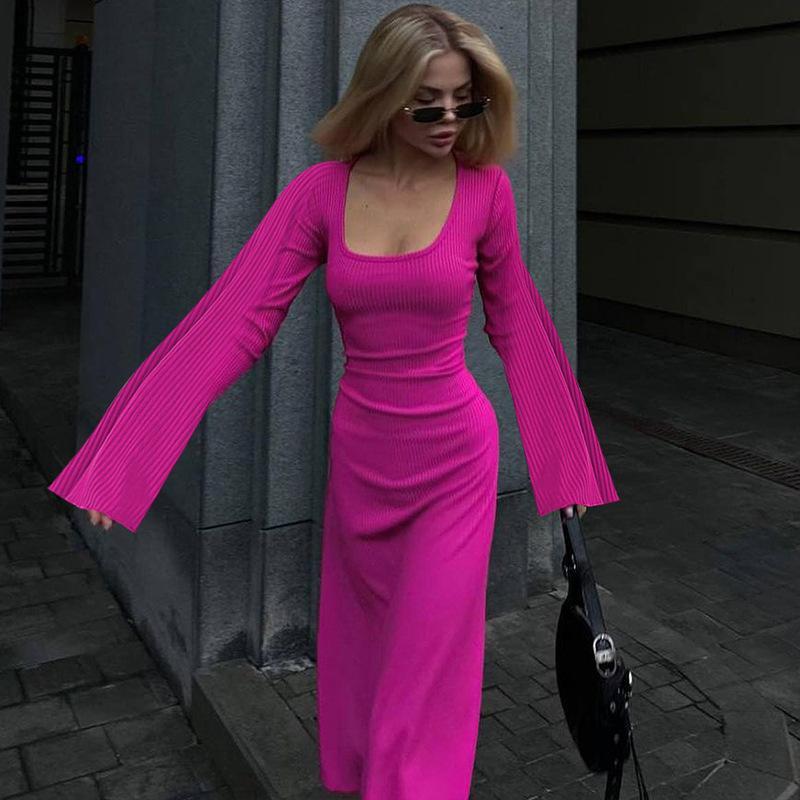 HAYA HAYA0676 Flared Long Sleeved High Waist Maxi Skirt with Lace-up Back