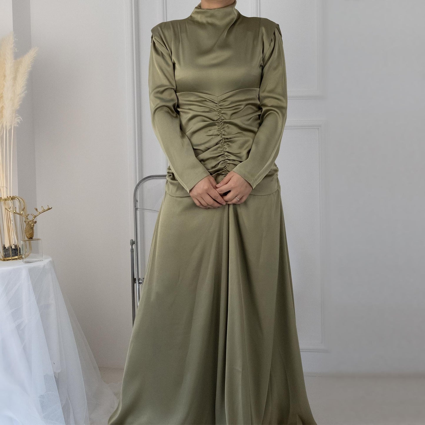 HAYA HAYA1020 Solid Color High Neck Slimming Robe Dress