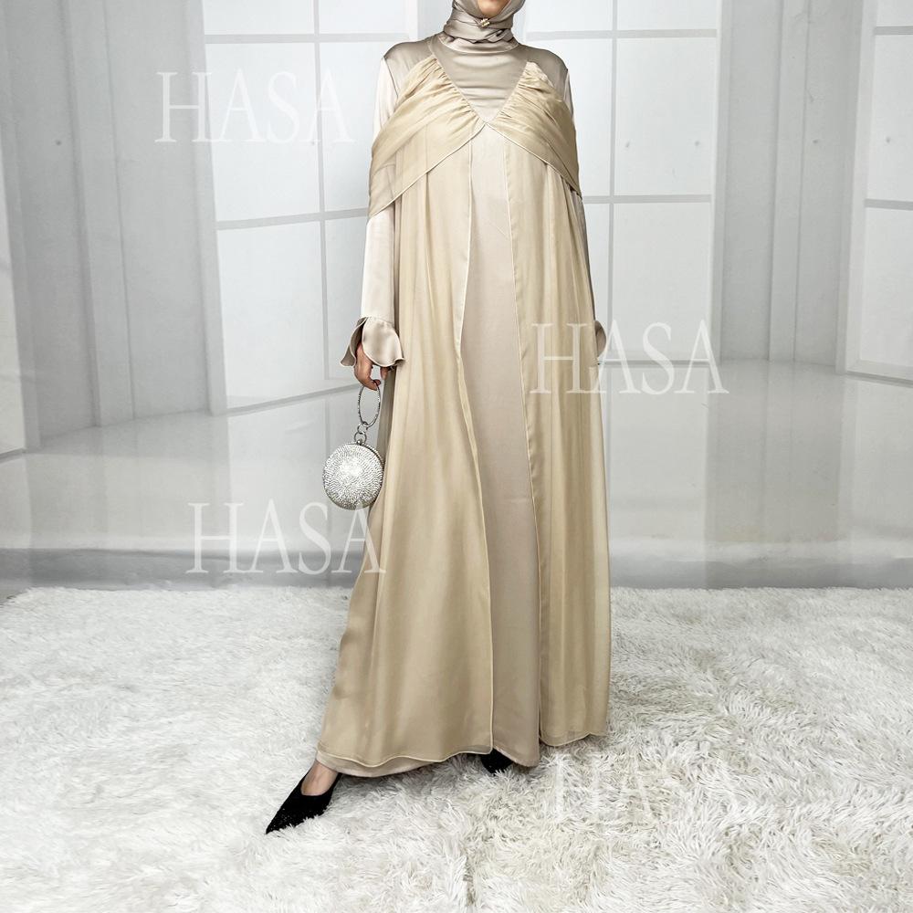 HS5858 Elegant Bright Satin Robe (without Headscarf), Clever Splicing Creates Multi-faceted Charm