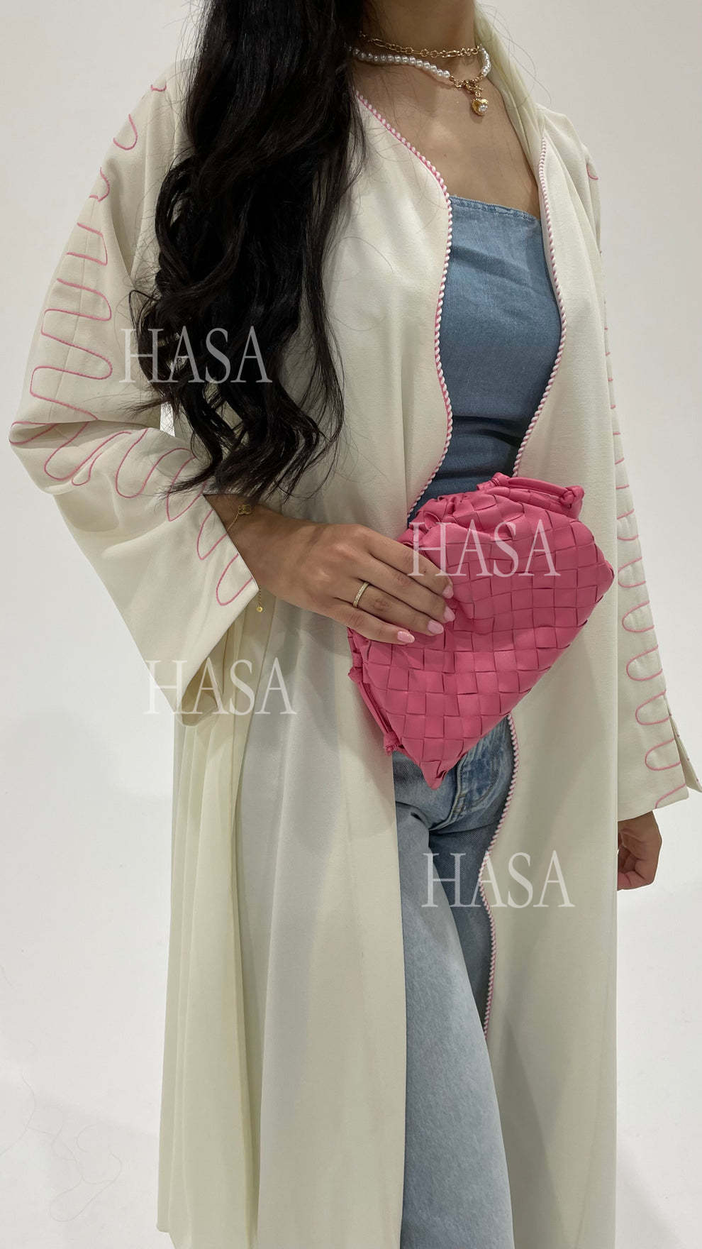 HASA's Series HA6582 Abaya Women's Long Embroidered Cardigan Jacket with Wavy Edges