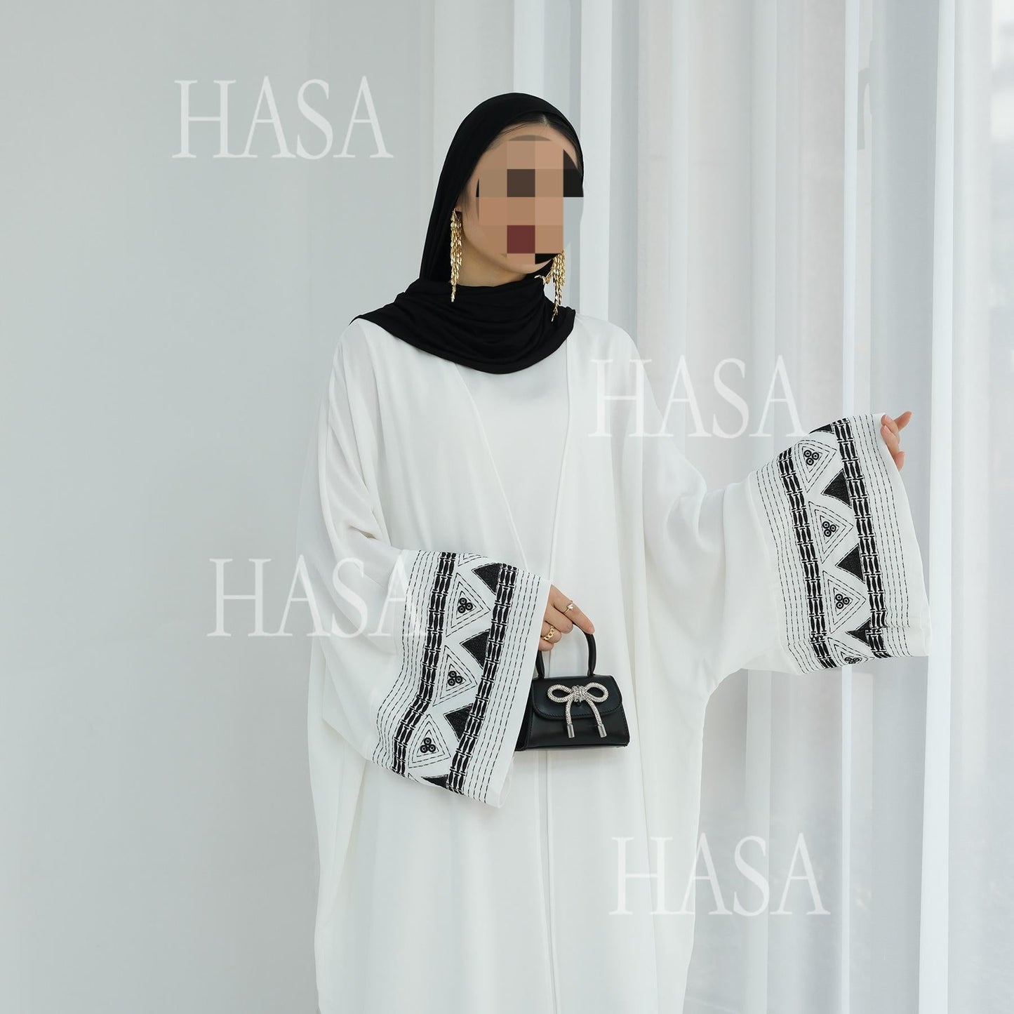 HASA's Series HA6506 Long Wide Sleeve Embroidered Robe Cardigan (No Headscarf)