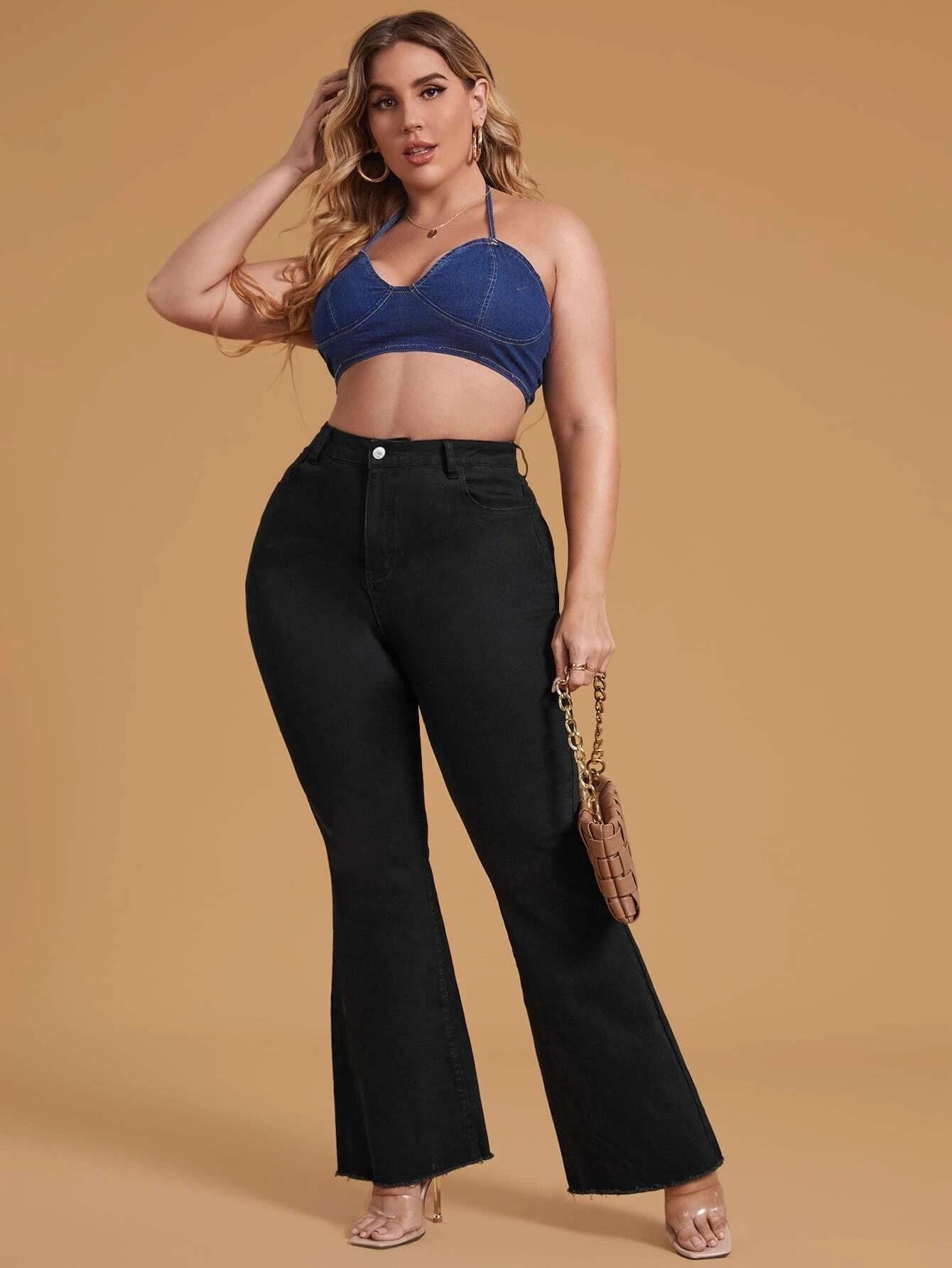 HS2331 Plus Size Black Stretchy Frayed-hem Wide-leg Flare Jeans