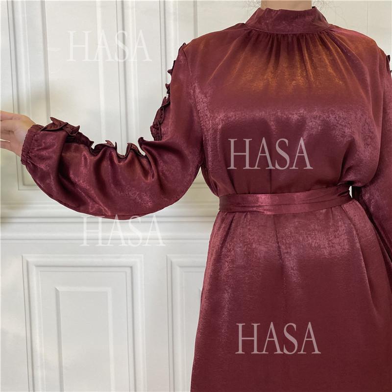 HA6591 Solid Color Turtleneck Long Sleeve Dress with Pleated Waistband