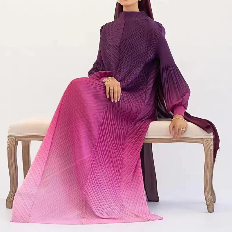 HS5824 Women's clothing gradual change color lantern sleeves high sense middle east dress